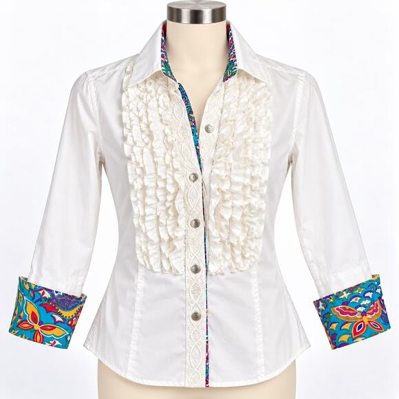 Robert Graham Tops - Robert Graham White Ruffle Shirt Women's XS Colorful Cuff Button Down